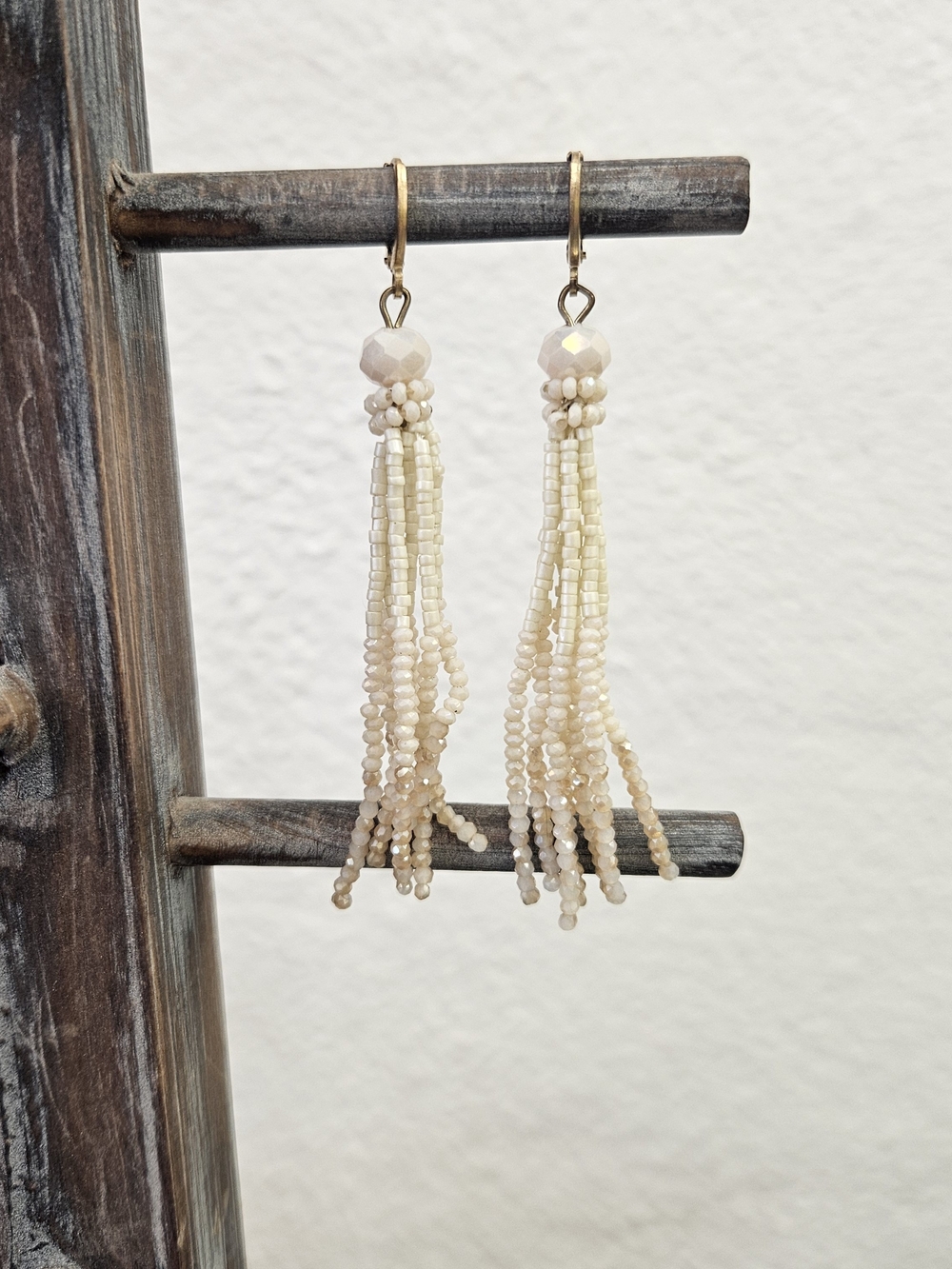 Handmade Cream Beaded Tassel Earrings - Unbranded